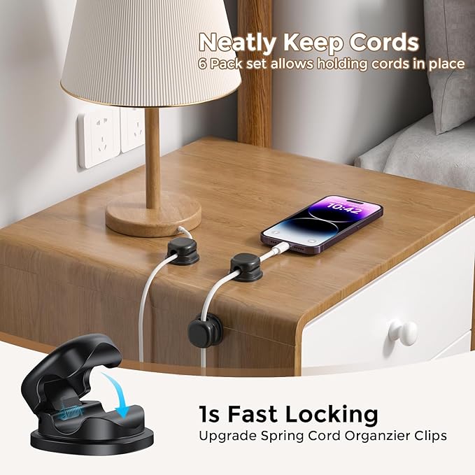 AhaStyle Spring Cable Organizer [1s Lock] 6 Pack Cord Cable Holders Clips Strong Adhesive Cable Cord Keeper [Smooth Adjustable] Hide Wire Cord Organizer for Nightstand Kitchen Car Office (Black)