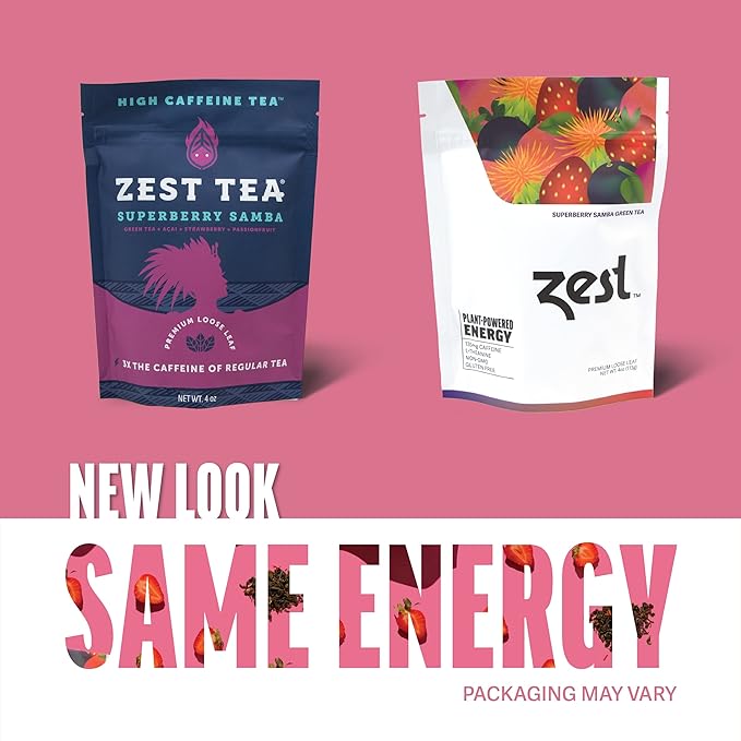 Zest Energy Green Tea - Superberry Samba Loose Leaf - High Caffeine Strawberry & Passion Fruit - Caffeinated Coffee Altnernative with Antioxidants - Natural, Non-GMO & Keto - 50 Servings - 135mg Caf