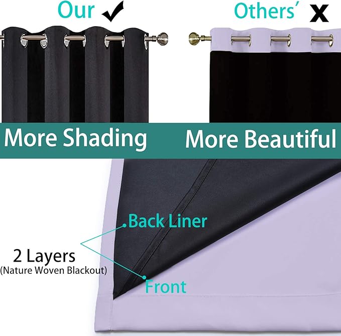Yakamok Lilac 100% Blackout Lined Curtains, 2 Thick Layers Completely Blackout