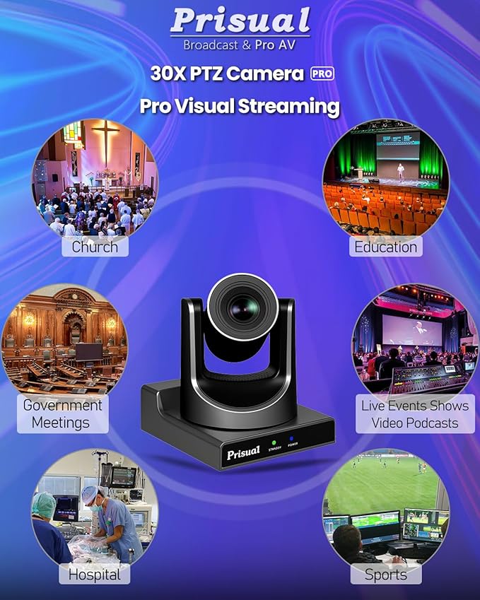 Prisual PTZ Camera Gen 5, 30X Optical Zoom Auto AI Tracking, HDMI 3G-SDI USB IP Streaming, 0.5 Lux for Church Live Streaming, YouTube Facebook, Events, vMix, OBS, Wirecast. TEM-30S PRO