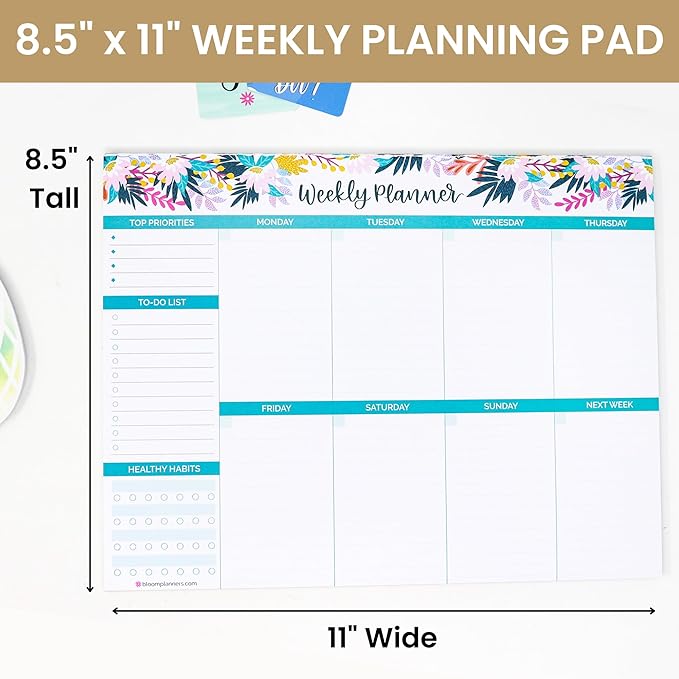 bloom daily planners Horizontal Weekly Tear-Off To Do List Planning Pad - Undated Notepad Organizer & Healthy Habit Tracker - 8.5” x 11” - Floral