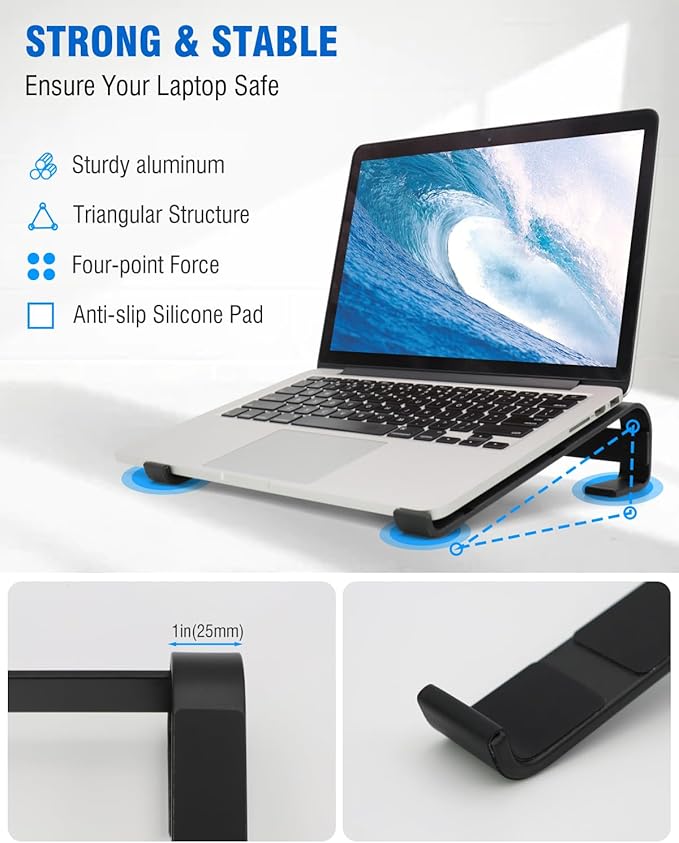 KYQEE Laptop Stand for Desk, Ergonomic Aluminum Laptop Riser, Ventilated Notebook Stand Compatible with MacBook Air Pro, Dell XPS, HP, More 11-17.3 Inches, Work from Home (Black)