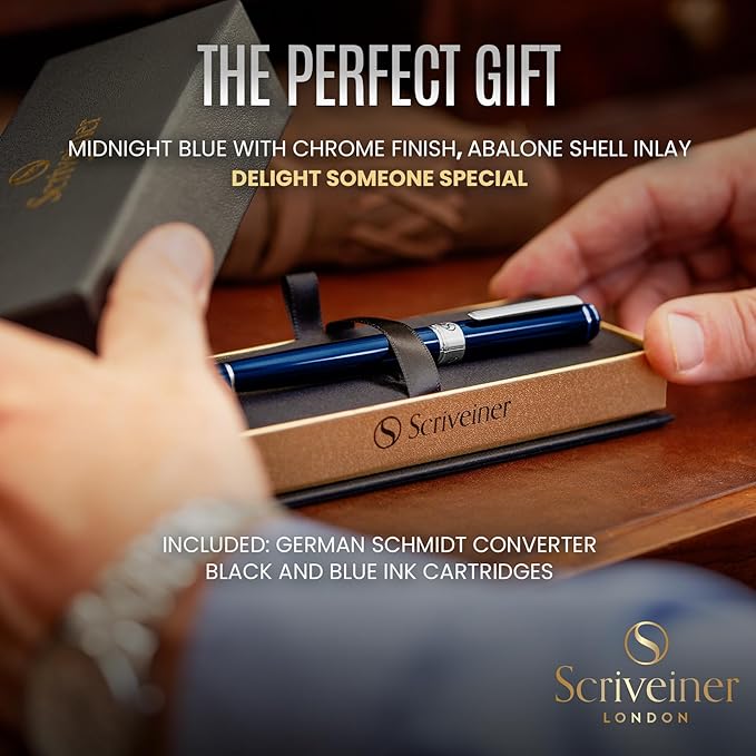 Scriveiner Midnight Blue Fountain Pen - Stunning Luxury Pen with Chrome Appointments, Schmidt Nib (Medium), Best Pen Gift Set for Men & Women, Professional, Executive, Office, Nice Pens