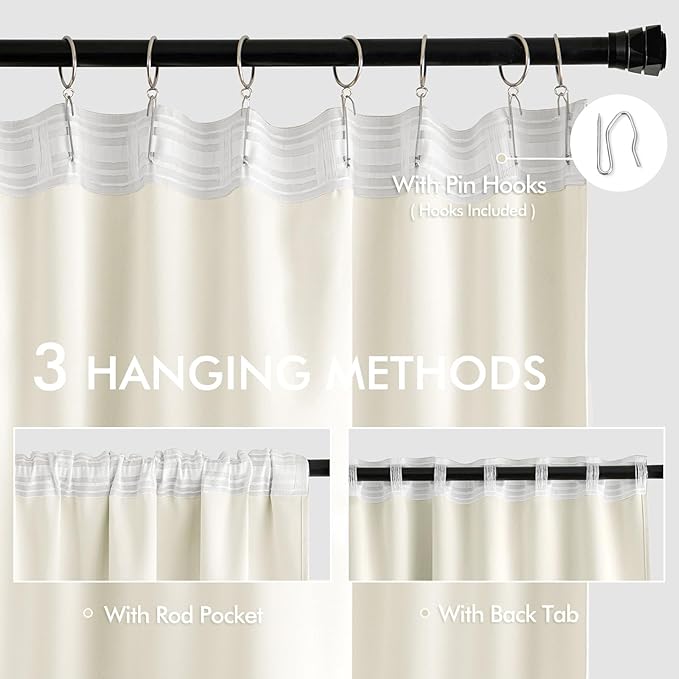 MIULEE Cream Back Tab Blackout Curtains 102 Inch Long 2 Panels Set