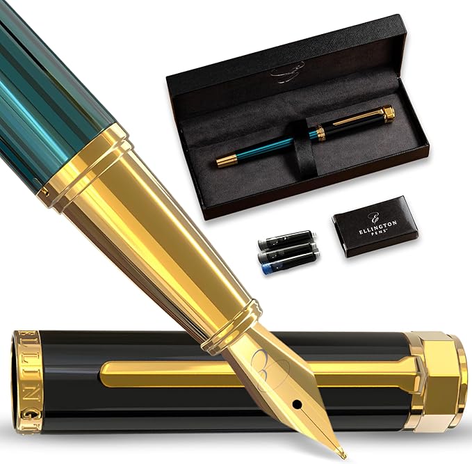 Ellington Pens Luxury Fountain Pen Set - Smooth Medium Nib - Includes 3 Ink Cartridges, Refillable Ink Converter, Gift Box -Fountain Pens For Writing, Calligraphy, Journaling, Sketching (Urban Hunter)