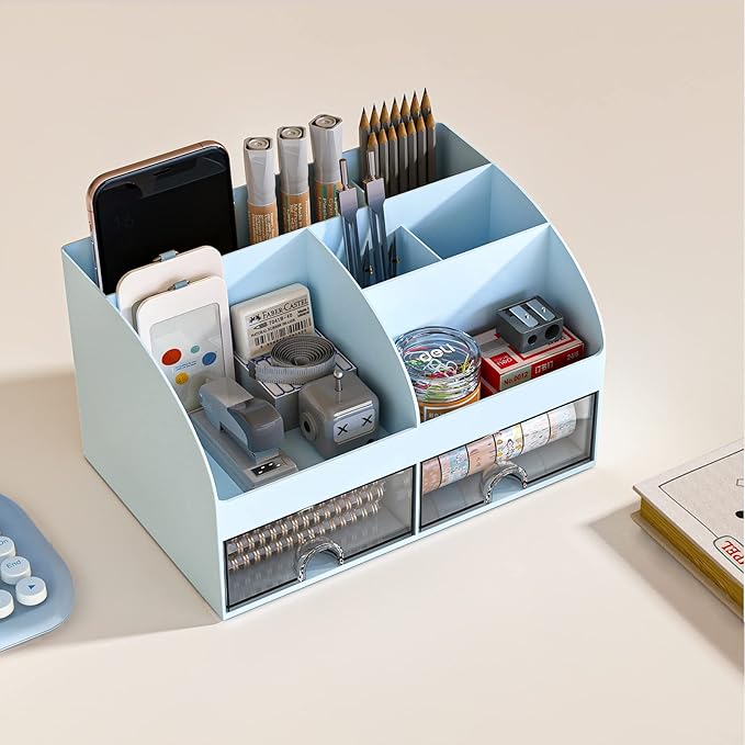 Desk Organizer with 6 Compartments and 2 Drawers, Plastic Makeup Organizer, Pen Holder for Desktop Storage, Desk Organization for School, Home, Office Supplies (Blue)