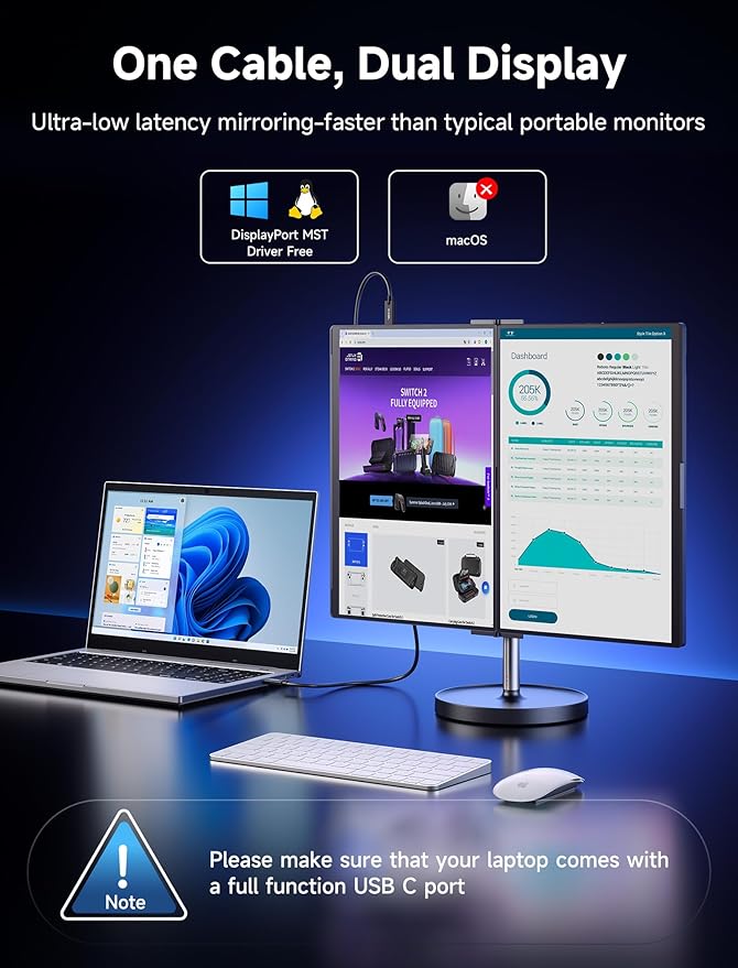 JSAUX FlipGo Touchscreen 16" Dual Portable Monitor, 2.5K Triple Laptop Touch IPS Screen Foldable Extender for Laptop[for Windows/Linux] One Cable to Dual/Magnetic Design/Built-in HUB/HiDPI Display
