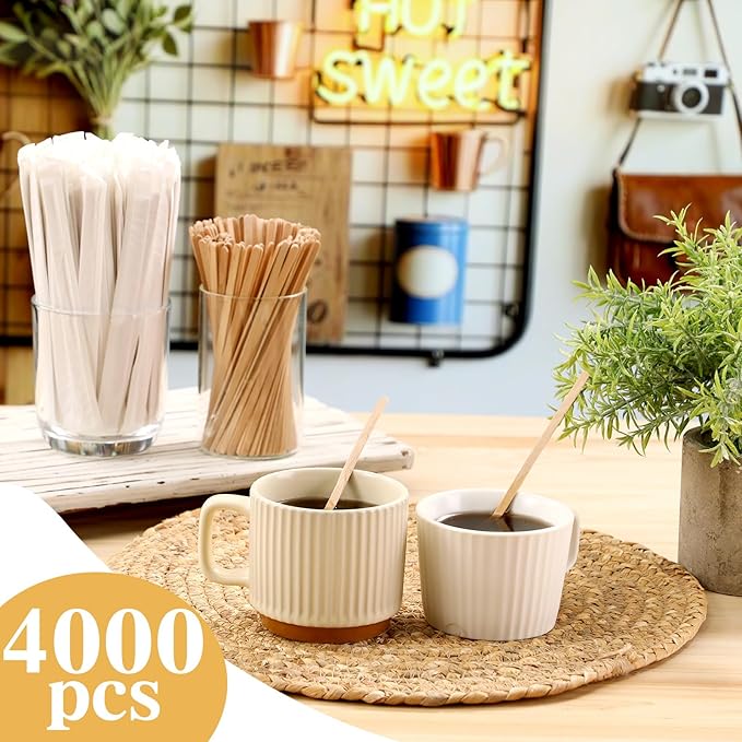 Amyhill 4000 Pcs Individually Wrapped Wooden Coffee Stirrers, Disposable Coffee Stir Sticks Round End Sticks Bulk Wood Stirrers for Cocktail Hot Drinks Restaurant Bar Home Office (5.5 Inch)