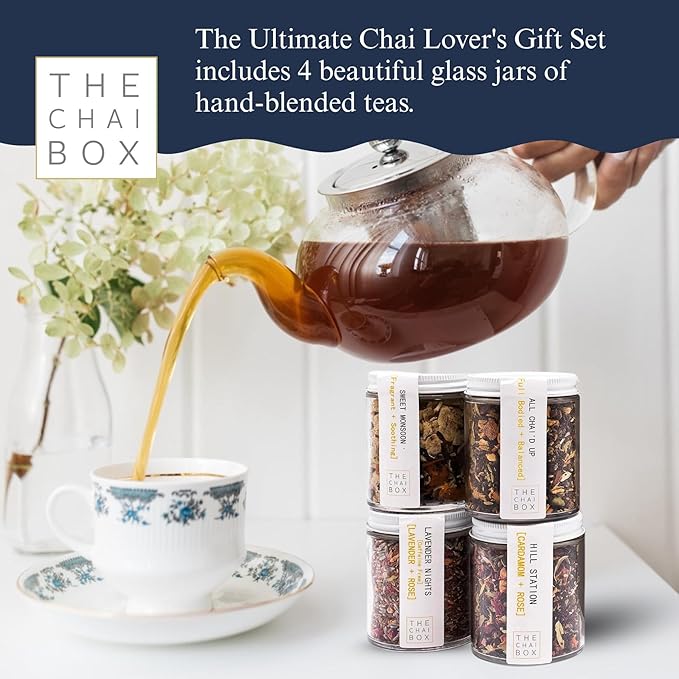 The Chai Box Ultimate Tea Lover's Gift Set - Featured in Oprah's Favorite Things | Caffeinated and Caffeine Free Loose-Leaf Tea Gift Box (Pack of 4) 10 oz | Small Batch Assorted Tea Sampler with Whole, Premium Spices