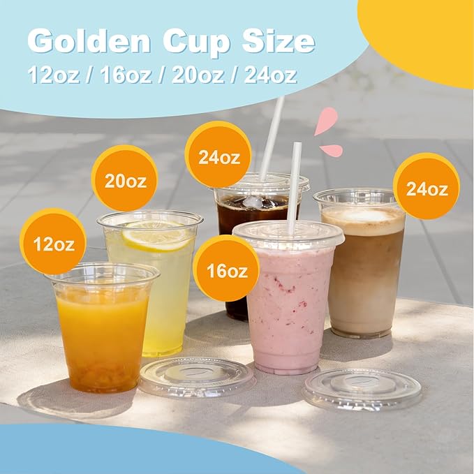 Coolcap 24 oz 100 Pack Disposable Clear Plastic Cups with Lids and Straws, Food Safe Bulk Iced Coffee Cups for Smoothies, Milkshakes and Other Cold Drinks