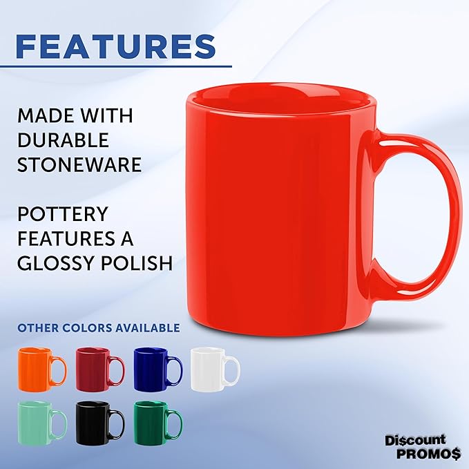 DISCOUNT PROMOS Ceramic Coffee Mugs 11 oz. Set of 10, Bulk Pack - Coffee cup set, Iced coffee cup, Gaming mug - Red