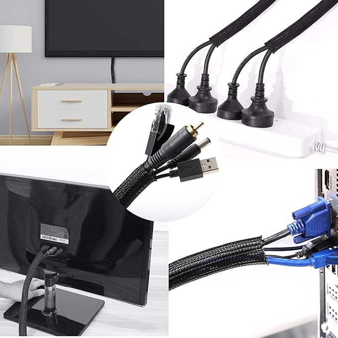 3/8"-25ft Cord Protector Wire Loom Tubing Split Sleeve Cable Sleeve for USB Power Audio Video Cables - Pet Chewing Protection, Flexible Cable Management Cover - Black