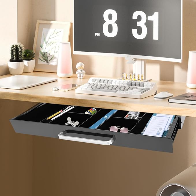 21.5" Under Desk Storage Drawer, Black Sliding Pull-Out Drawer for Sit Stand Workstation