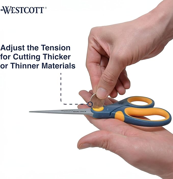 Westcott 8-Inch Titanium-Bonded Non-Stick Straight Scissors with Adjustable Glide Feature for Office and Home - Gray/Yellow, 3 Pack