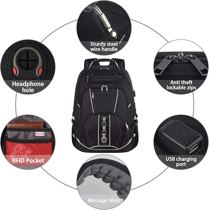 JCDOBEST 18.4 inch Gaming Laptop Backpacks with USB Charging Port, Big Capacity TSA Friendly RFID Anti Theft Pocket College Heavy Duty Computer Work bag for Men