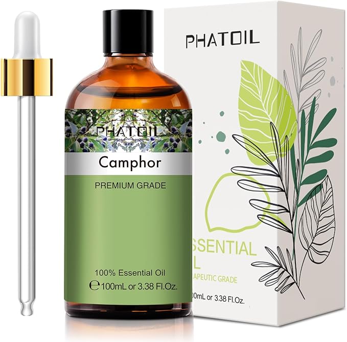 Camphor 3.38fl.oz Essential Oil, PHATOIL Aromatherapy Essential Oils for Diffuser, Humidifier, Perfect for DIY Soap, Candle, Bath Bombs Making(100ml)