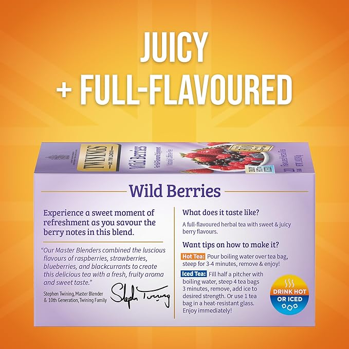 Twinings Wild Berries Herbal Tea Individually Wrapped Bags, 20 Count (Pack of 2), Full-Flavoured, Naturally Caffeine-Free, Enjoy Hot or Iced, 20 Teabags