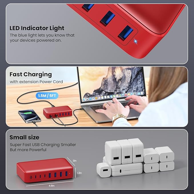 USB C Charger 200W USB C Charger Block,Upgraded GaN III 8-Port Fast Charging Station Hub,PD 65W Laptop Charging Adapter Compatible with MacBook Pro/Air,DELL,Steam Deck,iPhone 16/15/14,Galaxy S23/22
