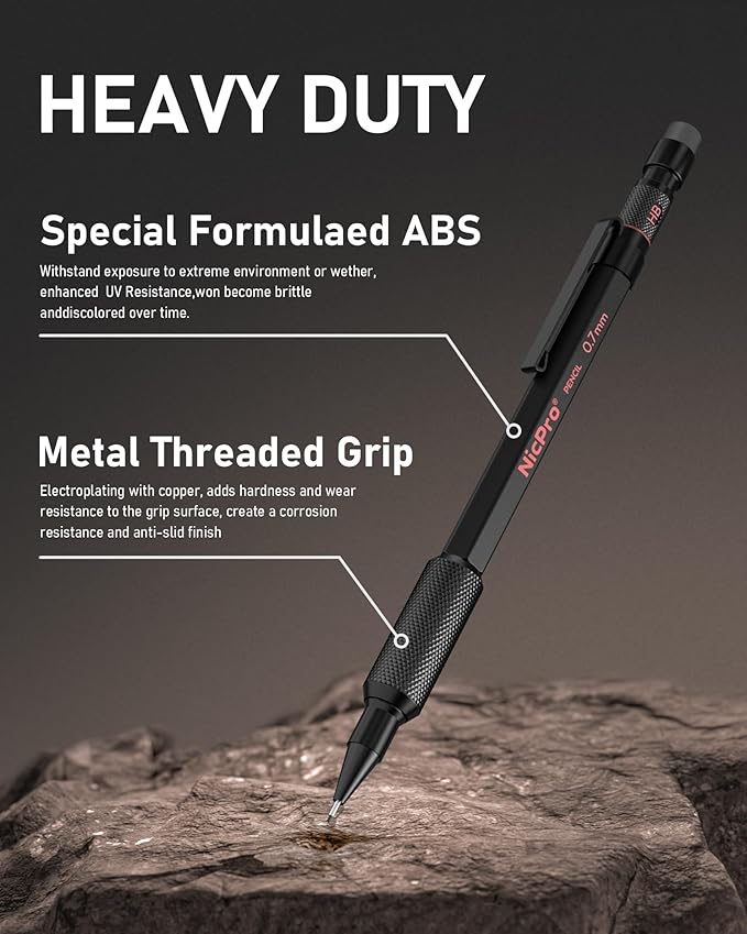 Nicpro 0.7 mm Mechanical Pencil Set with Case, 3PCS MP2000 Metal Artist Mechanical Pencil With 6 Tube HB Lead Refills, Eraser, Weatherproof Barrel for Outdoor Writing Drafting Drawing Sketching