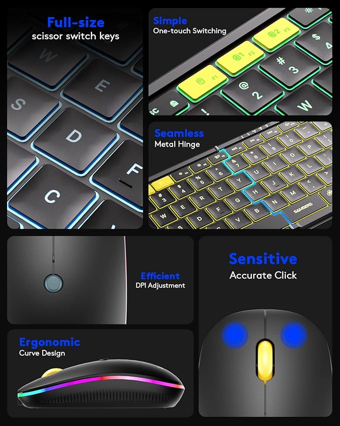 Foldable Keyboard and Mouse, Samsers KM08X Folding Bluetooth Keyboard Mouse Combo with Backlight, 2.4G + BT5.0 x 2, Full-Size Travel Keyboard & Portable Wireless Mouse for Windows iOS Mac OS Android