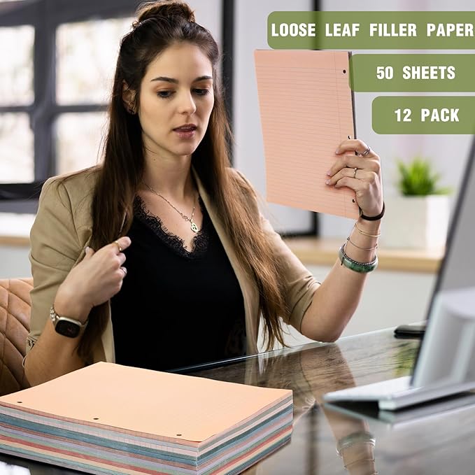 PerKoop 600 Sheets Colored Loose Leaf Paper 8.5" x 11" college ruled Lined 3 Hole Punched notebook Filler Paper for 3 Ring Binders Office School Supplies (Retro Color)