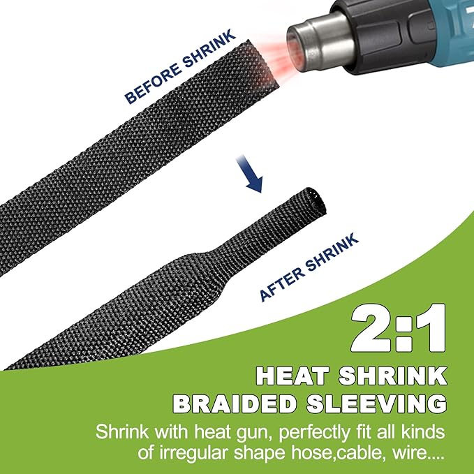 2:1 Heat Shrink Wire Loom Braided Cable Sleeves,Heat Resistant Fabric Woven Shrink Tubing Wiring Harness for Protection Automotive,Harness Cable,Cable Management (3/4"-16ft)