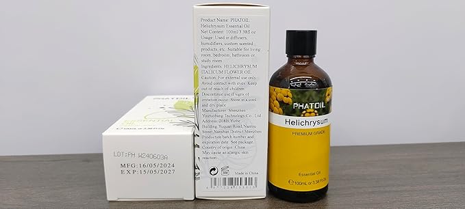 Helichrysum 3.38fl.oz Essential Oil, PHATOIL Pure Aromatherapy Oils for Diffuser, Humidifier, Perfect for DIY Soap, Candle, Bath Bombs Making(100ml)