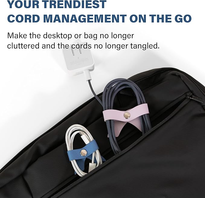 SenseAGE 5 Pack Cord Organizer, Bow Cord Keeper, Cable Organizer USB Holder, Leather Cable Management, Cable Straps, Earphone Winder, Storage Straps for Electronics, Earbuds, Big, Pink