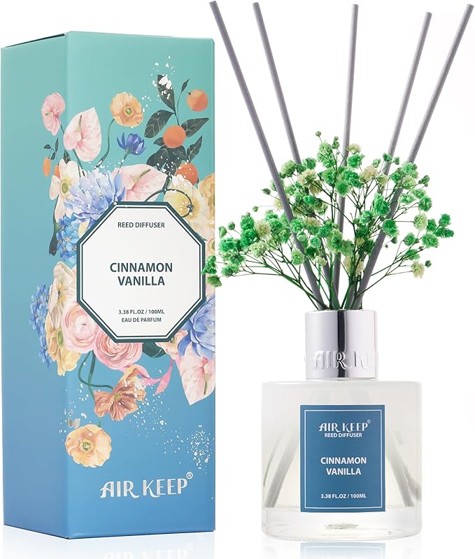 Airkeep Reed Diffuser Set,3.38 fl oz (100 ml) - Cinnamon Vanilla Oil Diffusers with 8 Reed Sticks, Home Fragrance Reed Diffuser for Bathroom Shelf Decor