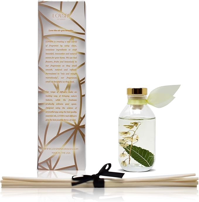 LOVSPA Reed Diffuser Set, Japanese Honeysuckle Scented Oil Diffuser with Sticks, Home Fragrance Accessories for Bathroom Shelf Decor, Aroma Diffusers for Home or Office Desk, USA Made