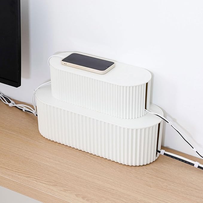 White Cable Management Box, Plastic Cable Box Organizer with Lid for Wire, Power Strip, Surge Protector, Extension Cords Hider Cover Under Home Office Desk and Floor (Large)