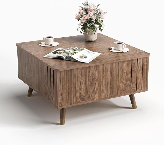 JOINICE 32" Square Lift Top Coffee Table with Storage,Mid Century Modern Walnut Center Table with Rising Desktop for Living Room, Brown Wood Finish