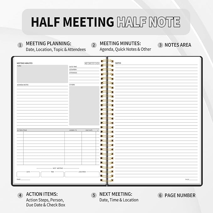SUNEE Half Meeting Half Note - 7.5"x10" Professional Notebooks for Work - 160 Pages, B5 Size Project Planner, Spiral Meeting Agenda/Minutes Organizer for Women Men, Note Taking, Office & Business