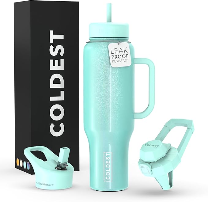 Coldest Tumbler with Handle and Straw, 100% Spill Proof Tumbler with Straw (3 Lids), Stainless Steel Insulated Leakproof Tumblers for Women Men, Cup Holder Friendly, 46 oz (Astronaut Green Glitter)