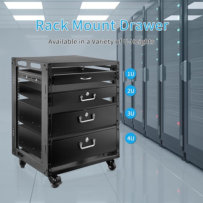 Rack Drawer, Rack Mount Drawer Designed for 19-inch Network Equipment, Servers, AV Racks, or Cabinet Enclosures. Sliding and Lockable Server Rack Drawer Features Cable Management Holes (4U)