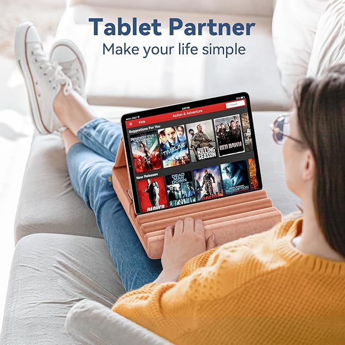 KDD Tablet Pillow Holder, Foldable iPad Stand for Lap, Bed and Desk -Tablet Soft Pad Dock with Pocket & Stylus Mount Compatible with iPad Pro 12.9, 10.5, 9.7 Air Mini 6 5 4 3, E-Reader