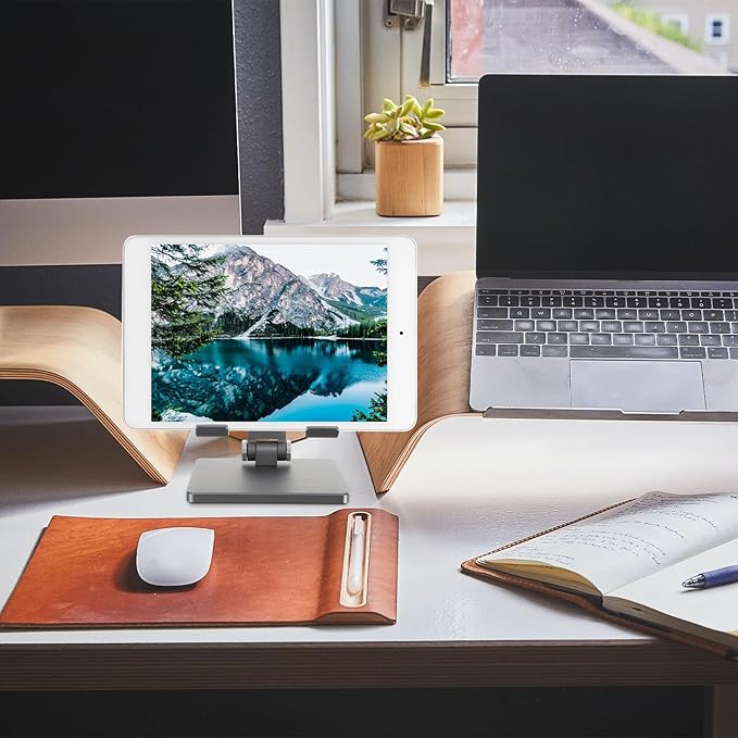 WOFASHPURET Adjustable Foldable Tablet Stand for Desk Portable Aluminum Alloy Tablet Holder Compatible with Ipad and Multi-Angle Desktop Bracket in Space Gray