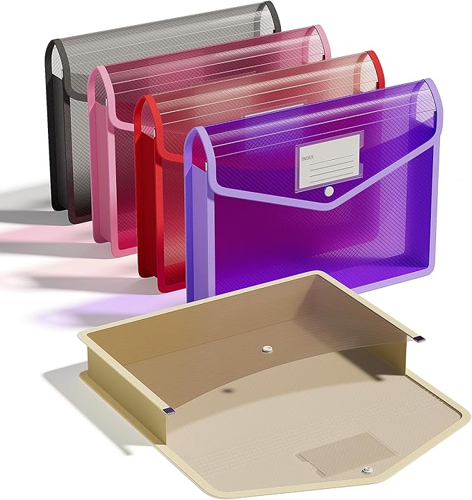 ThinkTex Plastic Expanding File Folder, Transparent envelopes with Snap Closure,No Dividers,Large Capacity,Document Organizer for Receipts, Bills&Taxes,Letter/A4 Size for School/Office/Home-5 Pack
