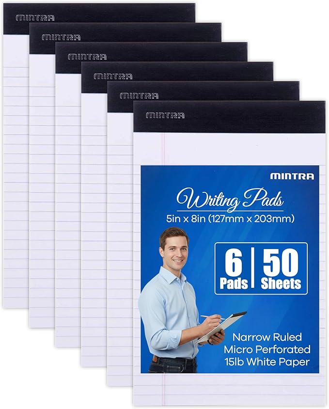 Mintra Office Legal Pads - ((BASIC WHITE 6pk, 5in x 8in, NARROW RULED))