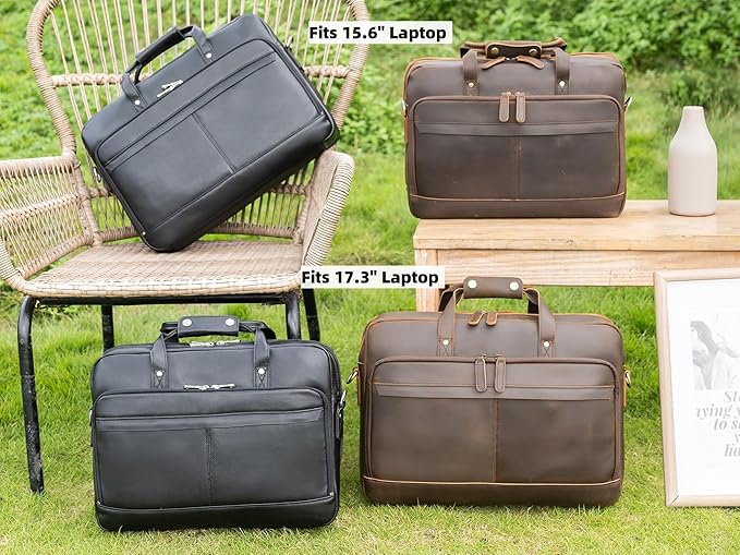 Masa Kawa Leather Briefcase for Men 17/15.6" Laptop Crossbody Shoulder Messenger Bag Business Travel Work Attache Case