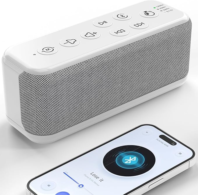 White Noise Sound Machine with 3000mAh Rechargeable Battery - Bluetooth Sleep Sound Machine with 15 Soothing Sounds, Auto-Off Timer & Headphone Jack, Portable Sound Machine for Adults, Baby & Home Use