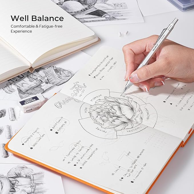 Nicpro 2 PCS Mechanical Pencils 0.5mm & 0.7 mm with Case, MP1000 Metal Artist Pencil Set with 4 Tubes HB Lead Refills, 2 Erasers, 9 Eraser Refills For Art Writing Drafting Drawing, Black & Silver