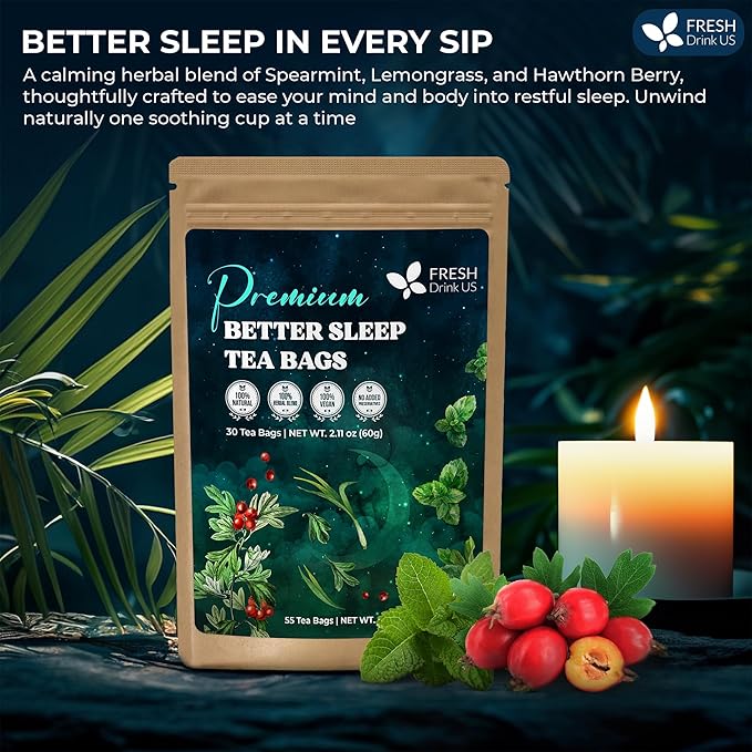 FreshDrinkUS, Premium 75 Tea Bags Better Sleep Herbal Tea | Special Herbal Sleep Tea, Caffeine-Free Loose Leaf Blend with Spearmint Leaves, Lemongrass Leaves, and Hawthorn Berry – Naturally Refreshing and Aromatic.