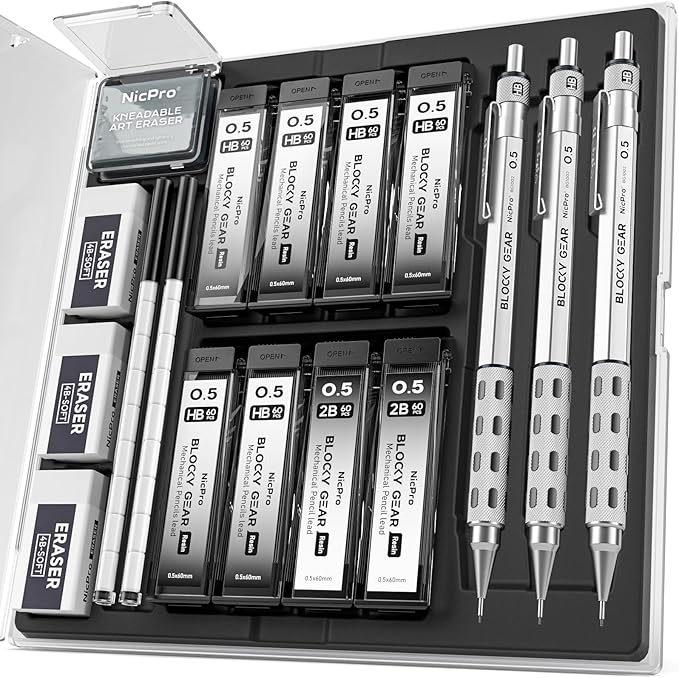 Nicpro 3 Pack Blocky Gear 0.5 mm Metal Mechanical Pencils Set with Case, Lead Drafting Pencil with 8 Tube (480PCS) Lead Refills(HB 2B), 4 Erasers, 18 Eraser Refills for Art Writing, Sketching Drawing