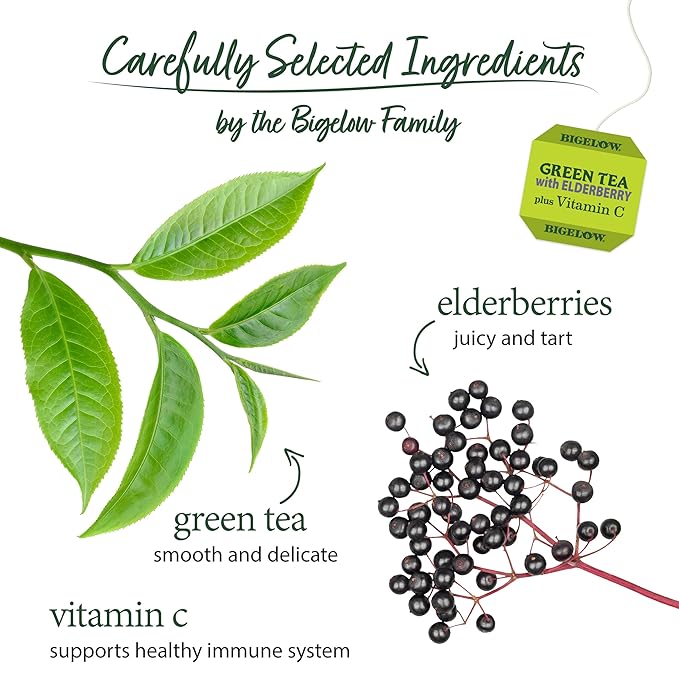 Bigelow Tea Green Tea with Elderberry Plus Vitamin C, Caffeinated Tea with Elderberry, 18 Count Box (Pack of 6), 108 Total Tea Bags