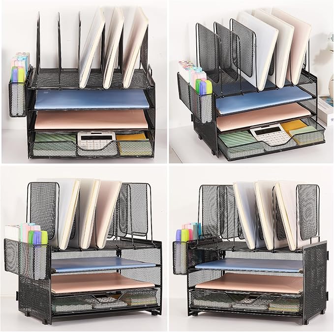 LEKETREE Desk Organizers and Accessories, 3-Tier Paper Organizer with 5 Vertical File Holders, File Organizer for Desk (Black With Drawer, 3T With Drawer)