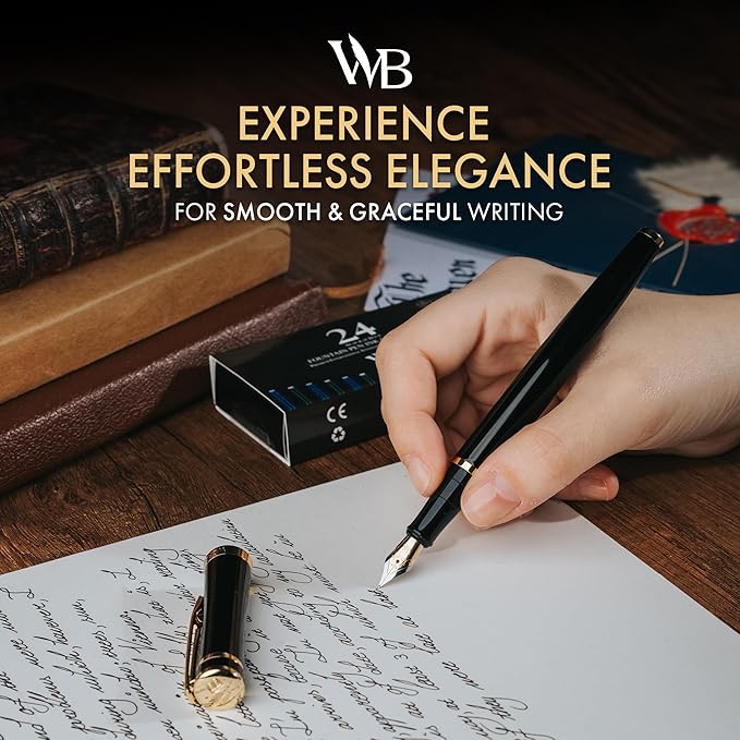 Wordsworth & Black Fountain Pen Set, 18K Gilded Extra Fine Nib, Includes 24 Pack Ink Cartridges, Ink Refill Converter & Gift Box, Gold Finish, Calligraphy, [Black Gold], Perfect for Men & Women