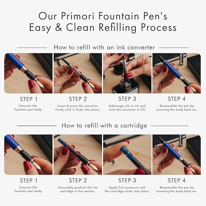 Wordsworth & Black Primori Fountain Pen Set - Blue Gold, Medium Nib, Gift Case, 24 Ink Cartridges, Refill Converter, Manual, Smooth Writing, Left & Right Handed