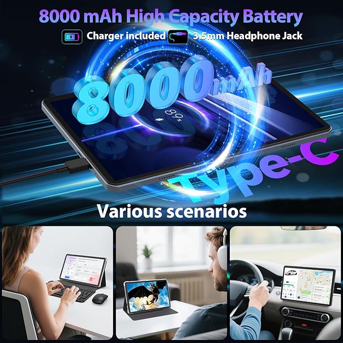 2026 Android 15 Tablet with Keyboard, 26GB RAM, 256GB ROM(2TB Expand), 10 inch tablet with Octa-core, Gemini AI, 8000mAh, 2.4G/5G WiFi, BT 5.0, 5MP+13MP, Tablets with Case, Mouse, Stylus (Silver Case)