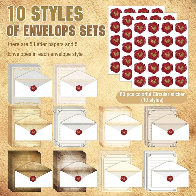TaoBary 160 Pcs Stationery Paper Set 50 Double Sided Stationery Papers with 50 Matching Envelopes and 60 Round Dot Sticker, 10 Design(Retro,8.5 x 11 Inch)